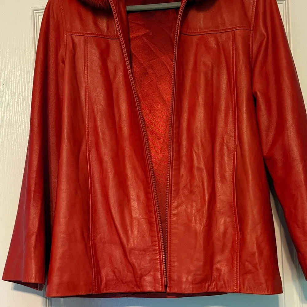 Women's Red Leather Jacket with fox Fur around the hood🥰 - Picture 2 of 14